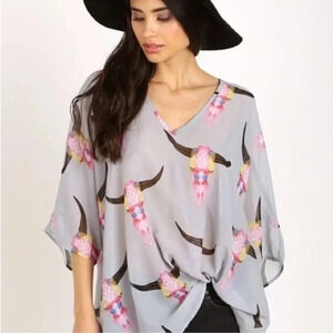 Show Me Your Mumu Lizzie Top Longhorn Bull Skull Print Size XS Southwestern